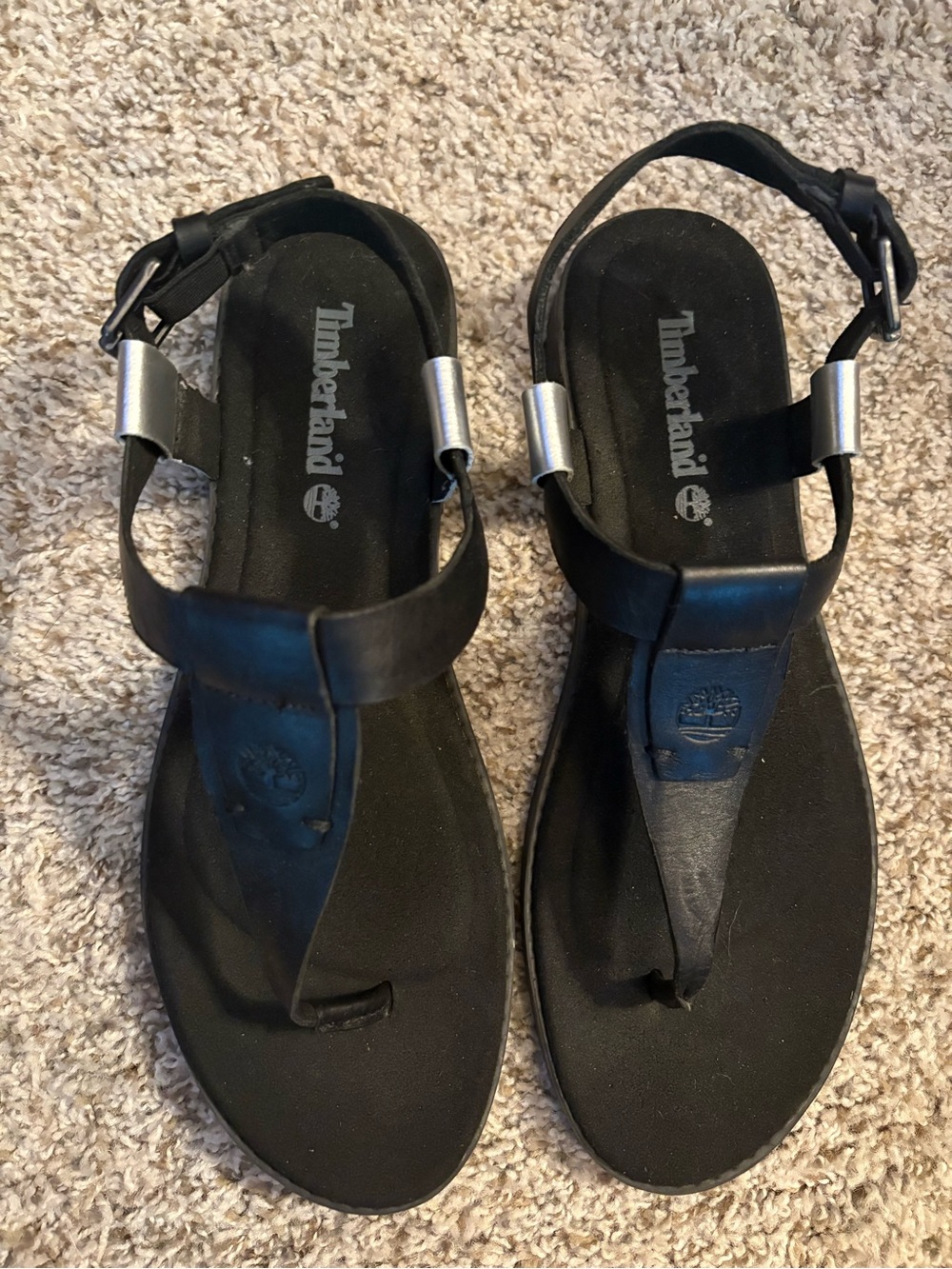 Timberland Women’s Black Leather T-Strap Sandals with Silver Accents